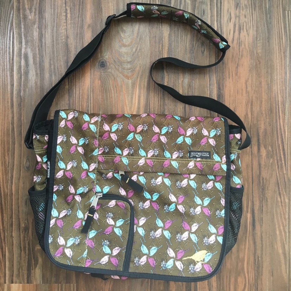 Jansport Brown Floral Laptop Messenger Bag with Pink & Teal Leaves